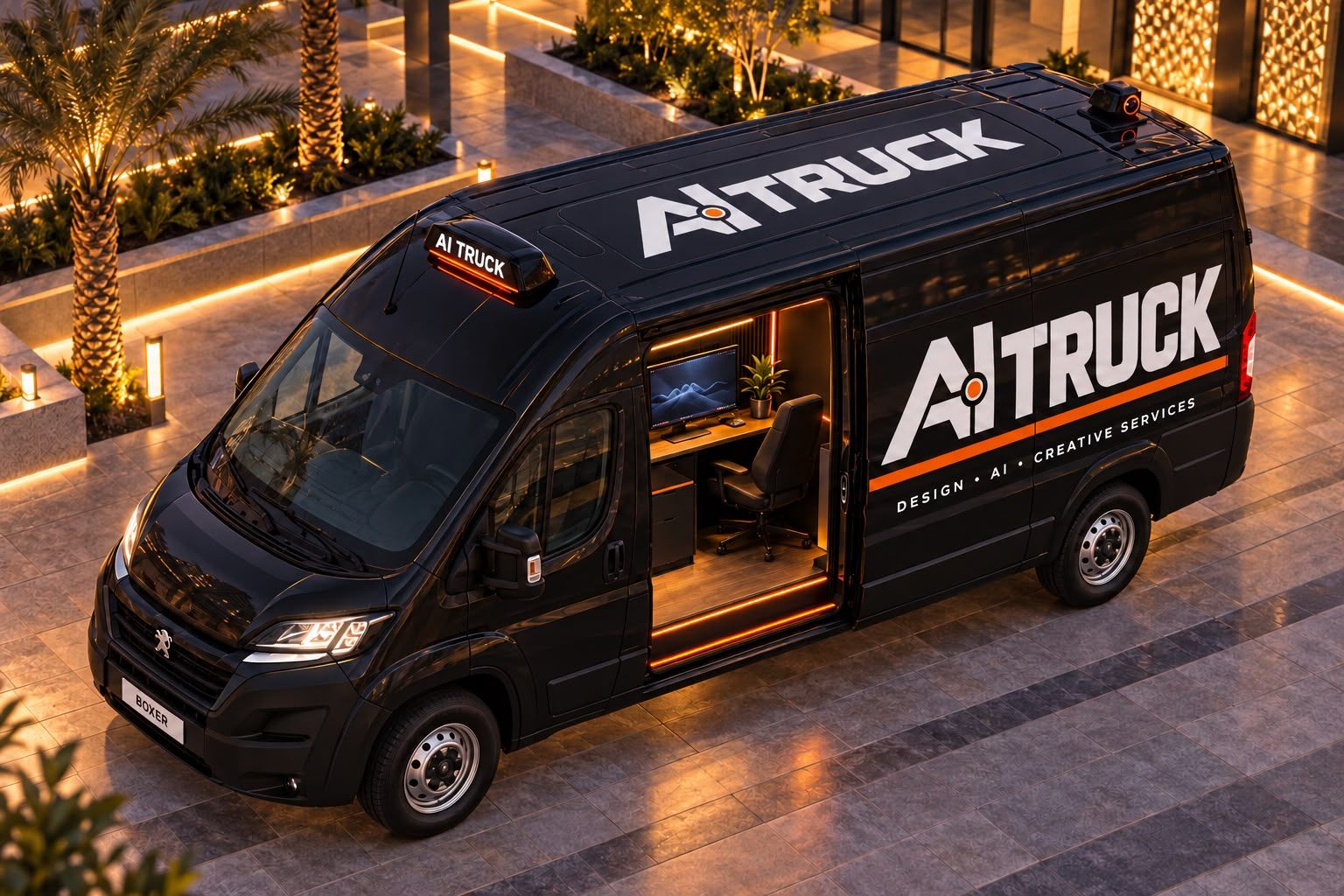 تصميم مبدئي: شاحنة AI Truck واقفة عند مدخل وبابها الجانبي مفتوح